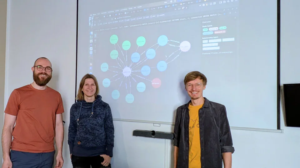 Workshopgruppe vor der Leinwand mit dem gemeinsam erarbeiteten Arbeitsstand